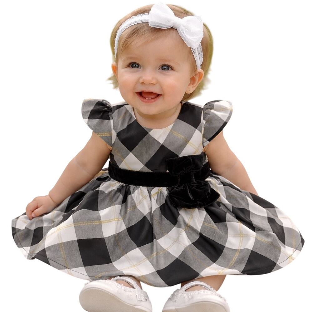 Baby Girl Plaid Party Dress 18M Black White Gold Bow Holiday Wedding Photos